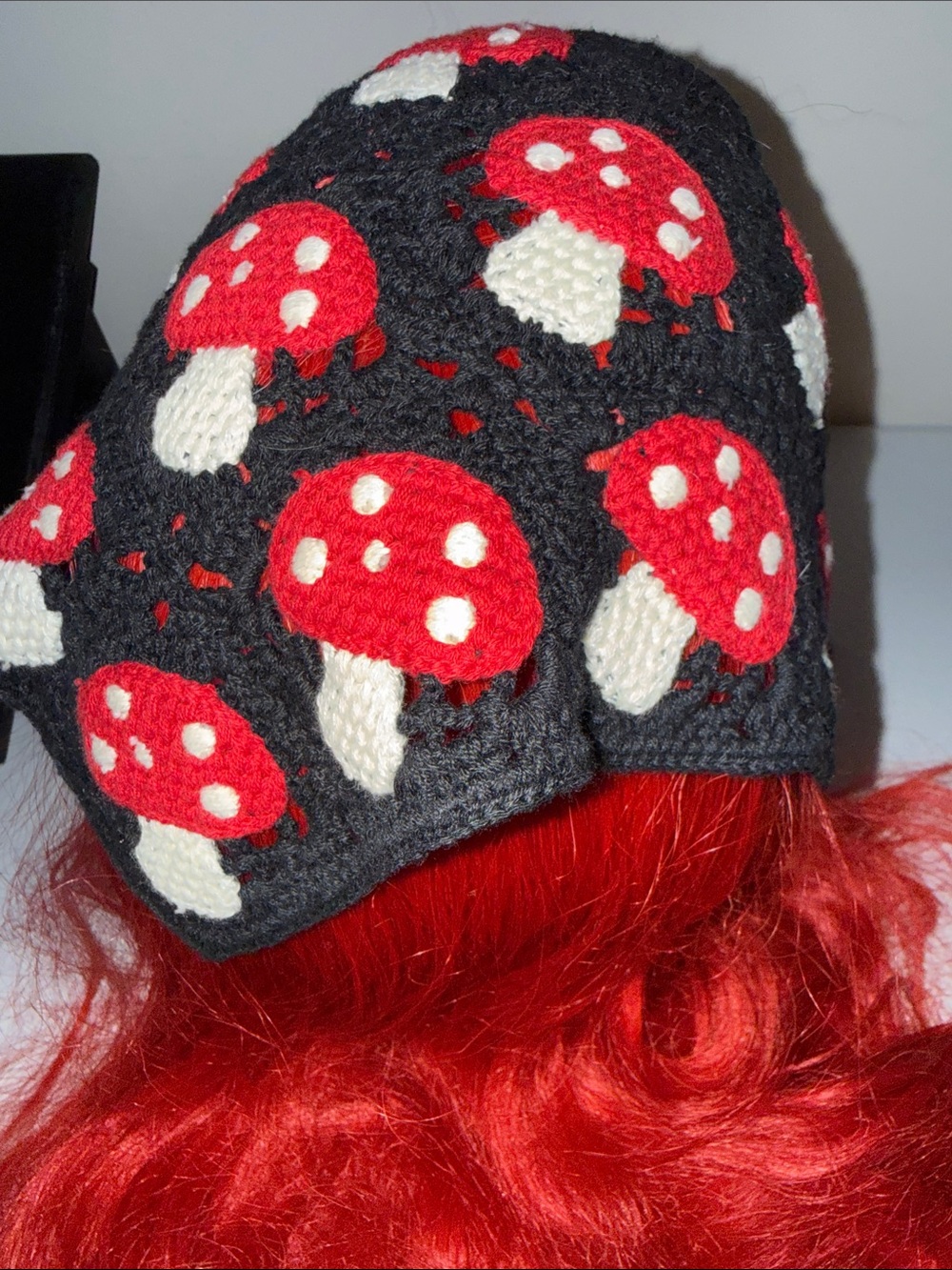 Black crocheted mushroom head covering